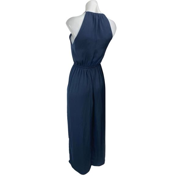 H&M Navy Blue Sleeveless High Neck Tie Waist Keyhole Blouson Maxi Dress Size 0 - Picture 2 of 5